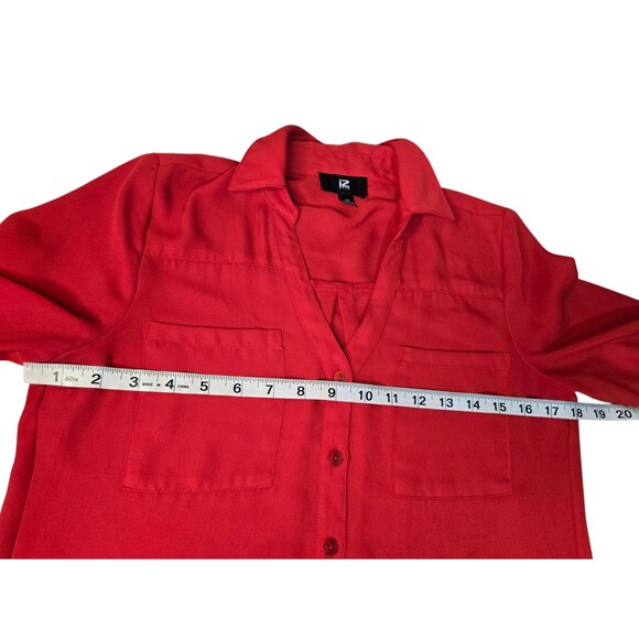 IZ Byer women's XS red chiffon button down roll tab thin blouse top pocket - Picture 4 of 6